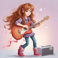 adolescent fille en jouant guitare 3d dessin animé personnage photo