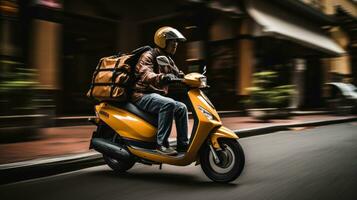 une homme équitation vers le bas le rue sur une vespa photo