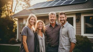 couple dans de face de maison avec solaire panneaux photo