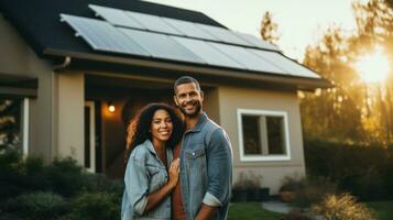 couple dans de face de maison avec solaire panneaux photo