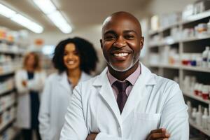 pharmaceutique vendeurs sourire dans pharmacie étagères photo