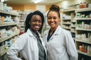 pharmaceutique vendeurs sourire dans pharmacie étagères photo