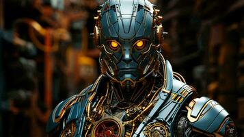 le visage de une cyborg robot homme, une mélange de Humain et ordinateur artificiel intelligence. ai généré photo