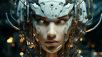 lien de Humain femme et artificiel intelligence robot. le concept de fusion une la personne et une ordinateur avec neural réseaux dans le avenir. ai généré photo