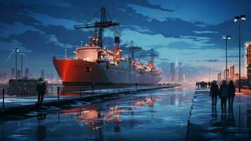 une grand cargaison navire pour le livraison de des biens est amarré dans le port de mer à nuit. ai généré photo