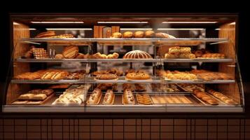 boulangerie vitrine avec délicieux Frais des pâtisseries, petits pains, pain, longue pain et Gâteaux. perarni ou café magasin compteur avec appétissant des biens posé dehors. ai généré photo