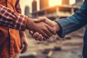 proche en haut de ingénieur et architecte tremblement mains sur construction site Contexte. ai généré photo