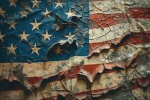 grunge Etats-Unis drapeau sur vieux fissuré mur. nationale ancien Contexte ai génératif photo