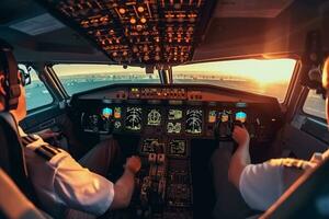 cockpit de une avion avec une vue de le route et le ville ai généré photo