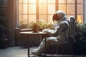 astronaute dans une gaz masque est assis à le table avec une bouteille de médicament. ai génératif photo