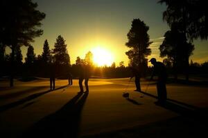 golfeurs jouer une rond de le golf sur une magnifique le coucher du soleil. photo