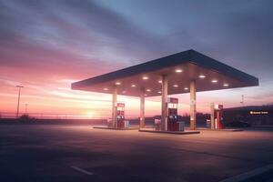 essence et gaz station à le coucher du soleil. ai généré photo