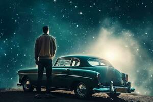 arrière vue de homme à la recherche à vieux voiture sur nuit ciel Contexte ai généré photo