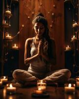 une la personne séance dans une lotus position dans une vaguement allumé chambre, mental santé images, photoréaliste illustration photo