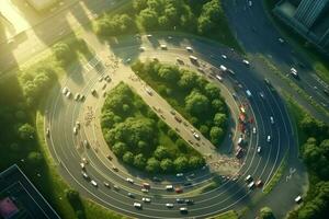 aérien Haut vue de une rond point dans le milieu de une vert ville photo