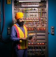 homme montrant une presse-papiers dans lumière de un électrique équipement, industriel machinerie Stock Photos