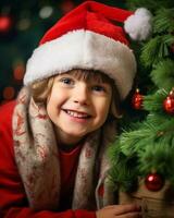 une proche en haut portrait de une enfant séance dans de face de une Noël arbre, Noël image, photoréaliste illustration photo