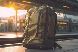 voyageur sac à dos sur le Plate-forme de le chemin de fer station à le coucher du soleil. ai généré photo