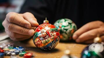 une proche en haut de une ouvriers mains comme elles ou ils peindre une délicat ornement, Noël image, photoréaliste illustration photo