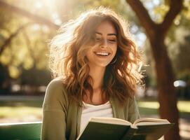 une Jeune femme est assis sur une banc dans une parc en train de lire une auto-assistance livre, mental santé images, photoréaliste illustration photo