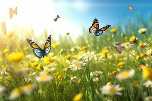 printemps Prairie avec fleurs et papillons. la nature Contexte. 3d le rendu ai génératif photo