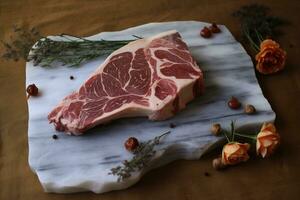 génératif ai, brut Frais ribeye steak sur une planche sur une table préparé pour le gril, cow-boy steak avec Romarin et poivre photo