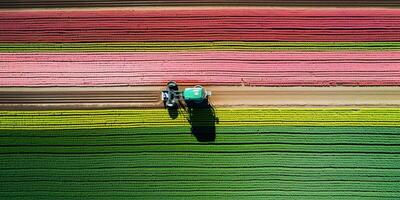 génératif ai, ferme coloré paysage, agricole des champs, magnifique campagne, pays route. la nature illustration, Haut vue drone, horizontal bannière. photo