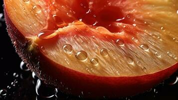 génératif ai, brillant tranche de juteux mûr pêche et l'eau gouttes, macro de été fruit photo