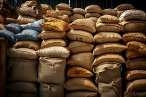 génératif ai, empiler chanvre sacs de riz ou café, industriel espace de rangement photo