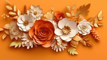 génératif ai, papier Couper artisanat fleurs et feuilles, abricot écraser Orange couleur, origami texturé arrière-plan, printemps ambiance. floral Cadre mise en page. photo