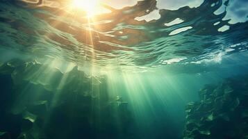 génératif ai, foncé bleu océan surface vu de sous-marin avec Soleil lumière photo