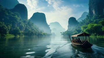 génératif ai, magnifique paysage marin de Thaïlande avec bateau, océan ou mer paysage, vacances sur paradis. tropical îles photo