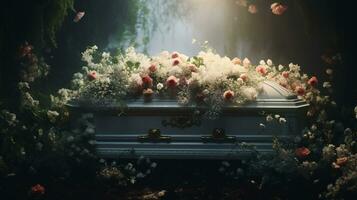 génératif ai, fleurs sur une cercueil dans le funéraire ou enterrement prestations de service à cimetière, cercueil avec fleurs photo