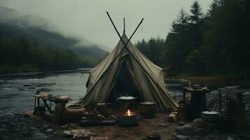 génératif ai, camping Extérieur concept dans neutre en sourdine couleurs, touristique camp photo