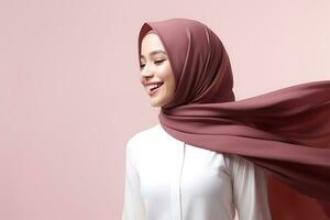 hijab femme avec content visage sur rose arrière-plan, asiatique beauté ai généré photo