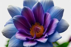 une bleu et violet fleur avec vert feuilles. ai généré photo