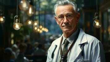 vieux Masculin médecin dans une blanc manteau dans une hôpital, médicament et soins de santé concept photo