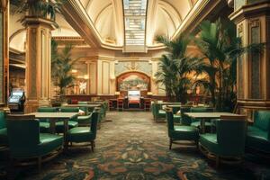 dans Las végas. bellagio est une luxe Hôtel et casino situé sur le Las Vegas bande. classique ancien américain Las Vegas casino intérieur, ai généré photo