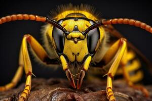 proche en haut vue de le tête de une frelon. isolé sur noir Contexte. fermer de une guêpe vespula vulgaire, ai généré photo