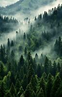 génératif ai, brumeux sapin forêt magnifique paysage dans branché ancien rétro style, brumeux montagnes et des arbres. photo