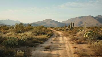 génératif ai, solitaire route dans le désert, esthétique, en sourdine neutre couleurs, cactus les plantes photo