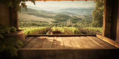 génératif ai, magnifique vignoble avec en bois barils, vert paysage. Lignes de vignes sur le coucher du soleil photo