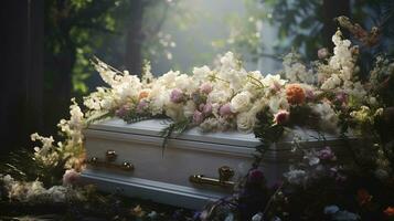 génératif ai, fleurs sur une cercueil dans le funéraire ou enterrement prestations de service à cimetière, cercueil avec fleurs photo