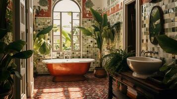 génératif ai, rétro boho Hôtel salle de bains, puerto rico style. brillant couleurs et les plantes photo