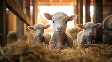 génératif ai, peu agneaux à la recherche à le caméra sur une cultiver, bébé des moutons photo