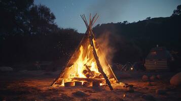 génératif ai, brûlant feu dans le soir, camping Extérieur concept dans neutre en sourdine couleurs, touristique camp photo