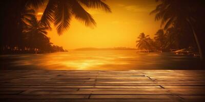 génératif ai, tropical été le coucher du soleil plage bar Contexte. en bois table Haut produit afficher vitrine vide organiser. photo