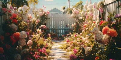 génératif ai, magnifique été privé jardin avec beaucoup fleurs et végétaux, la nature paysage, Anglais campagne chalet style photo