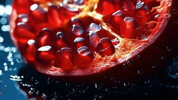 génératif ai, macro Frais juteux moitié de Grenade fruit avec gouttes de l'eau Contexte. fermer photo