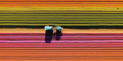 génératif ai, ferme coloré paysage, agricole des champs, magnifique campagne, pays route. la nature illustration, Haut vue drone, horizontal bannière. photo